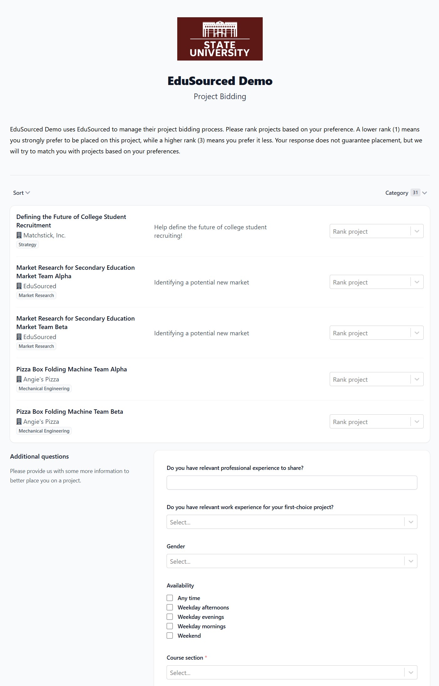 Bidding Student View EduSourced student bidding view