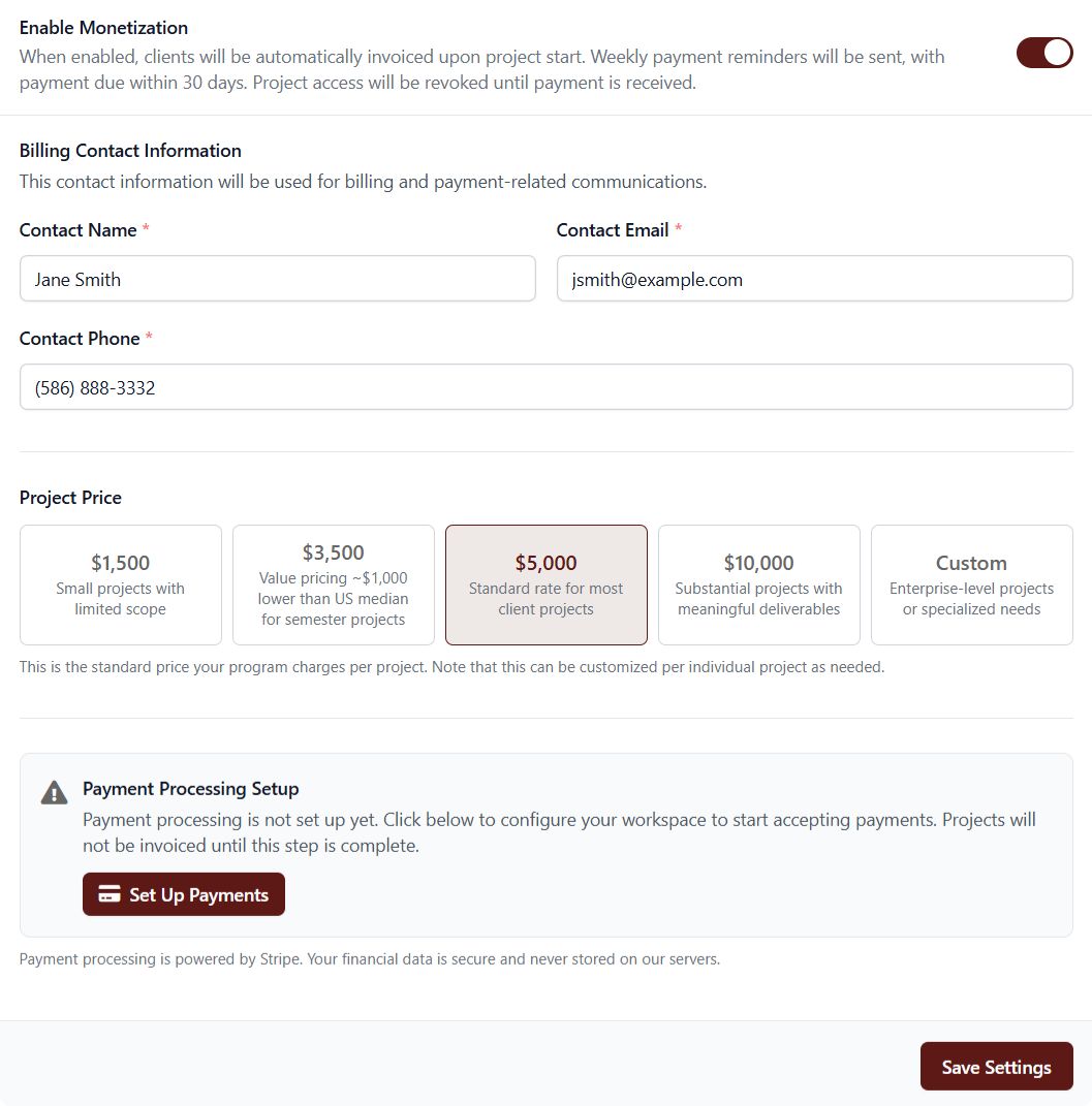 EduSourced capstone project monetization settings.