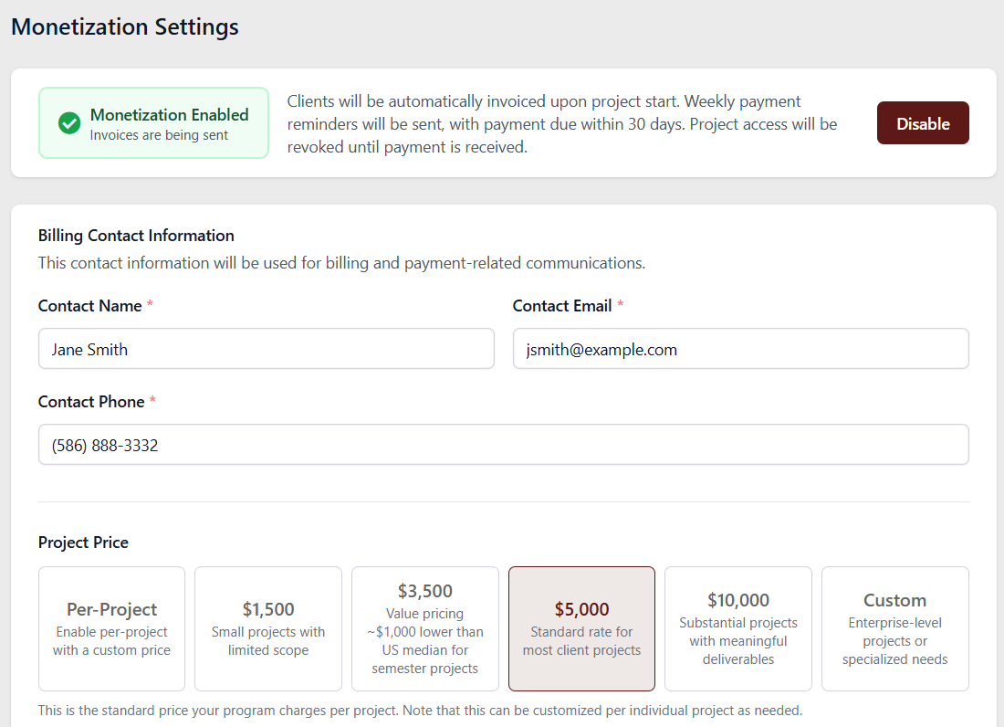 EduSourced capstone project monetization settings.