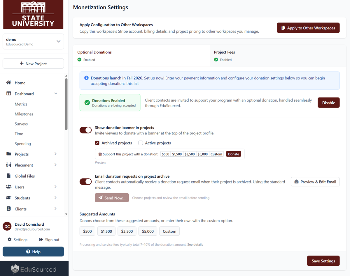 EduSourced donations setup
